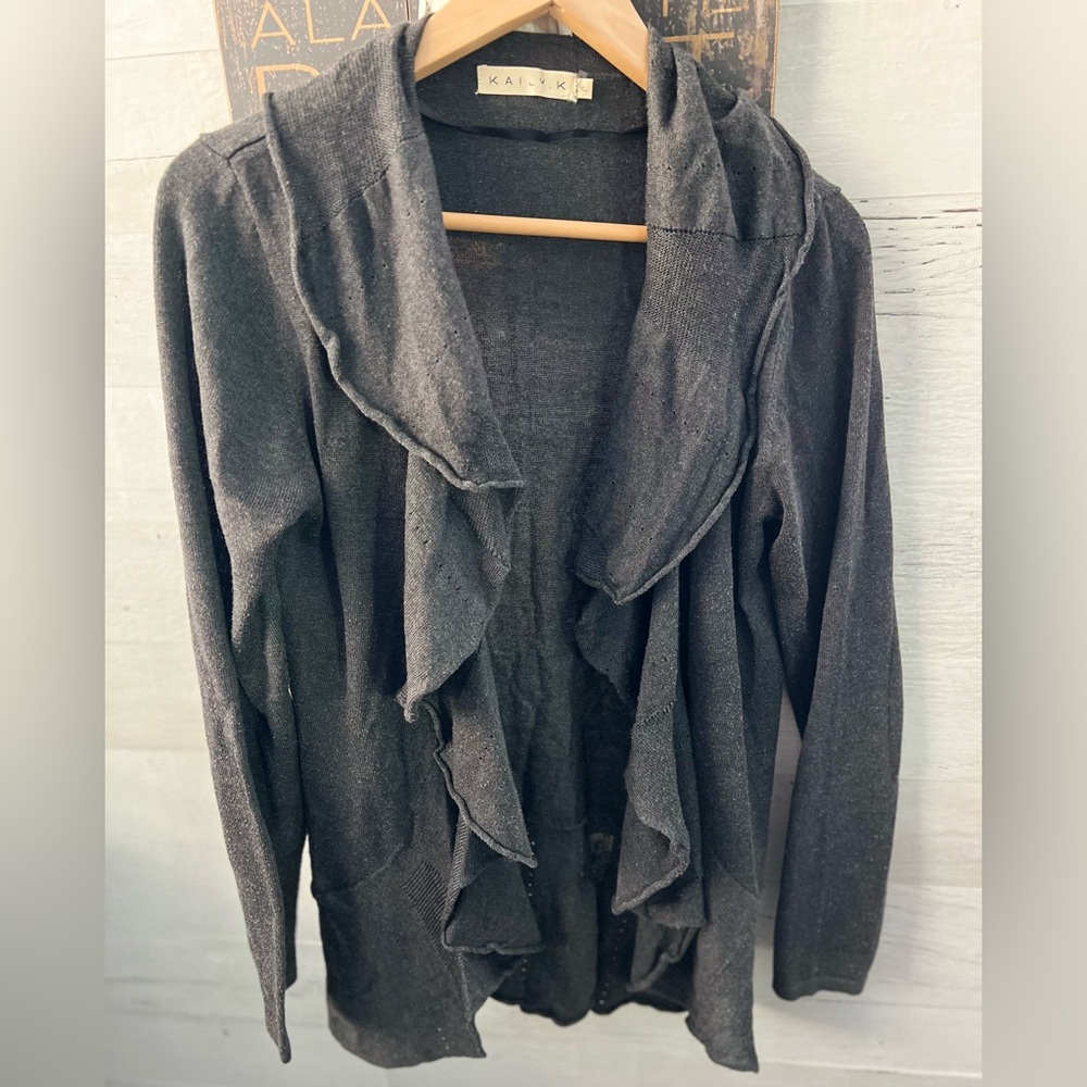 Women's Dark Gray Ruffle Cardigan